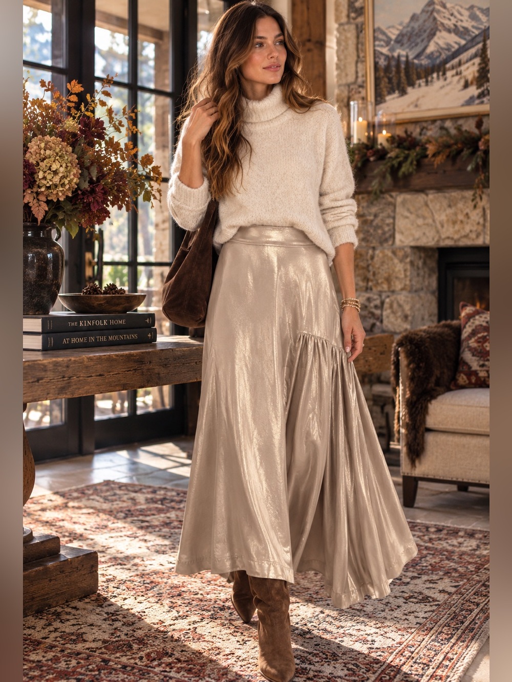 RARE Free People Catch The Wind Metallic Maxi Skirt 4 Rose Gold Shimmer Fall